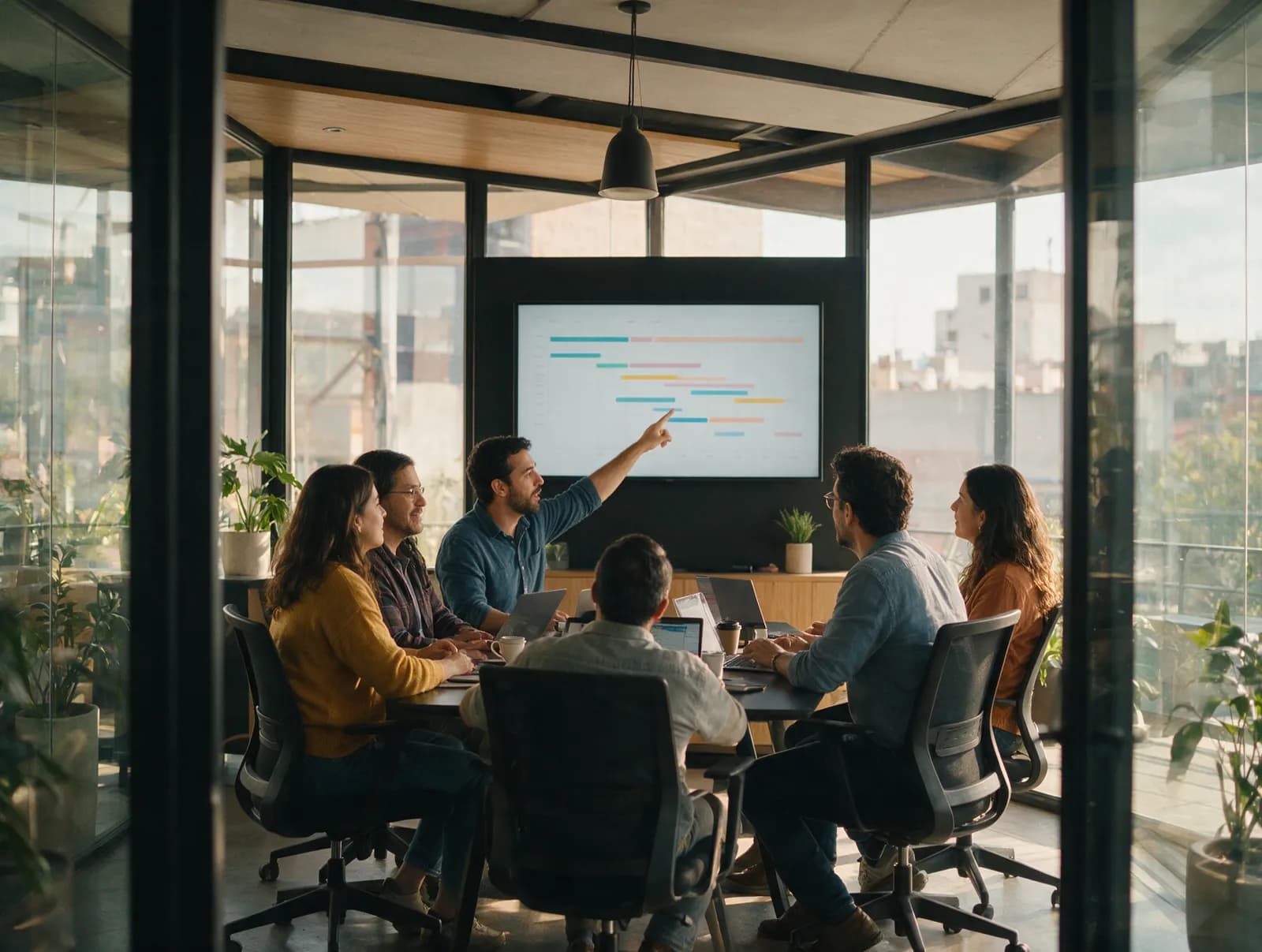 A planning meeting with a project timeline on screen