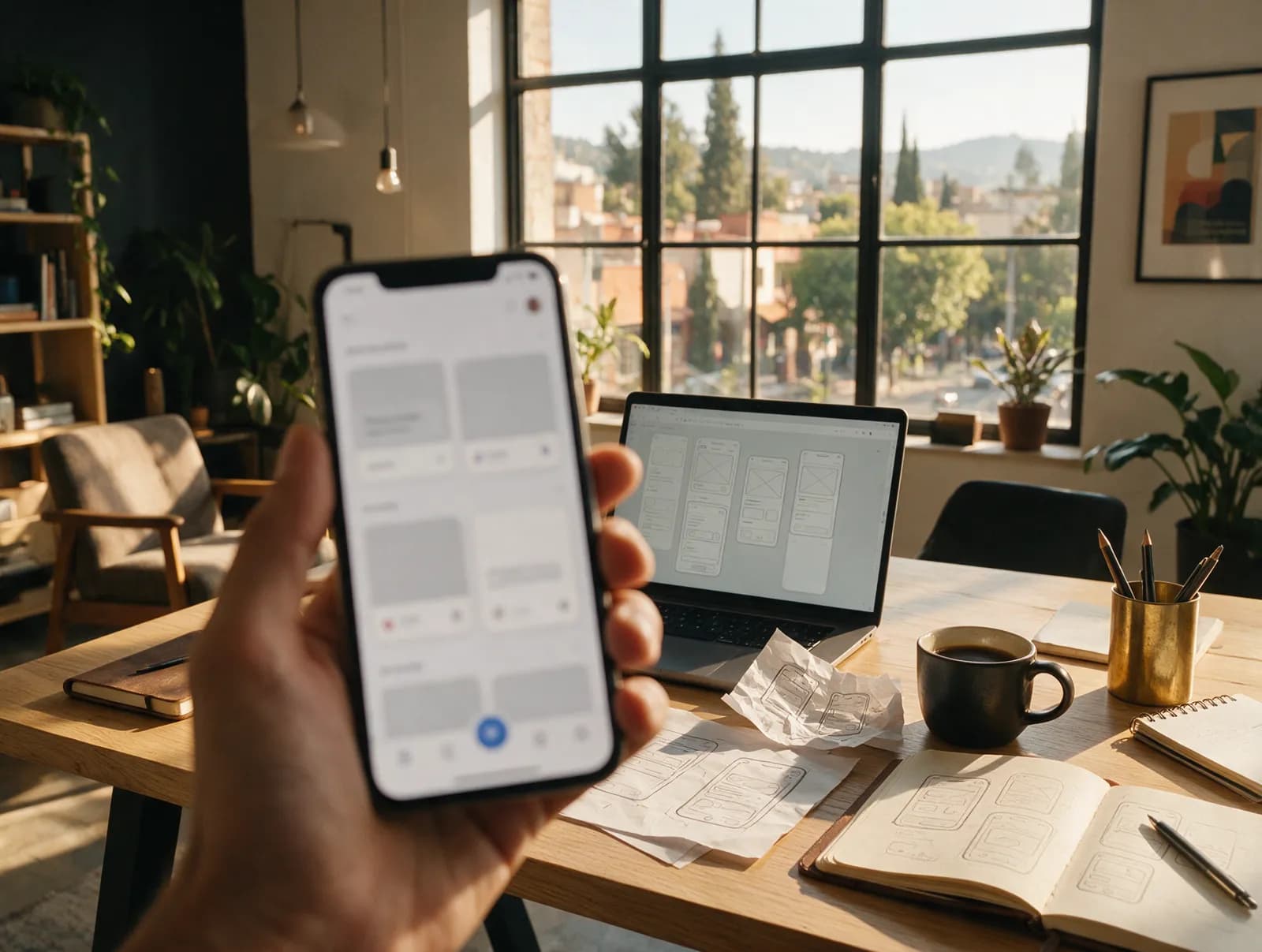 A clickable app prototype on a phone, with wireframes on the laptop behind it