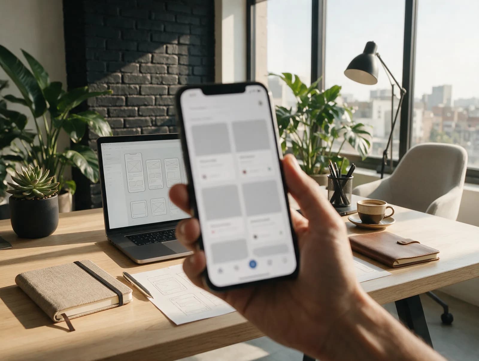 Prototipo de una app en un teléfono, con bocetos y wireframes sobre la mesa