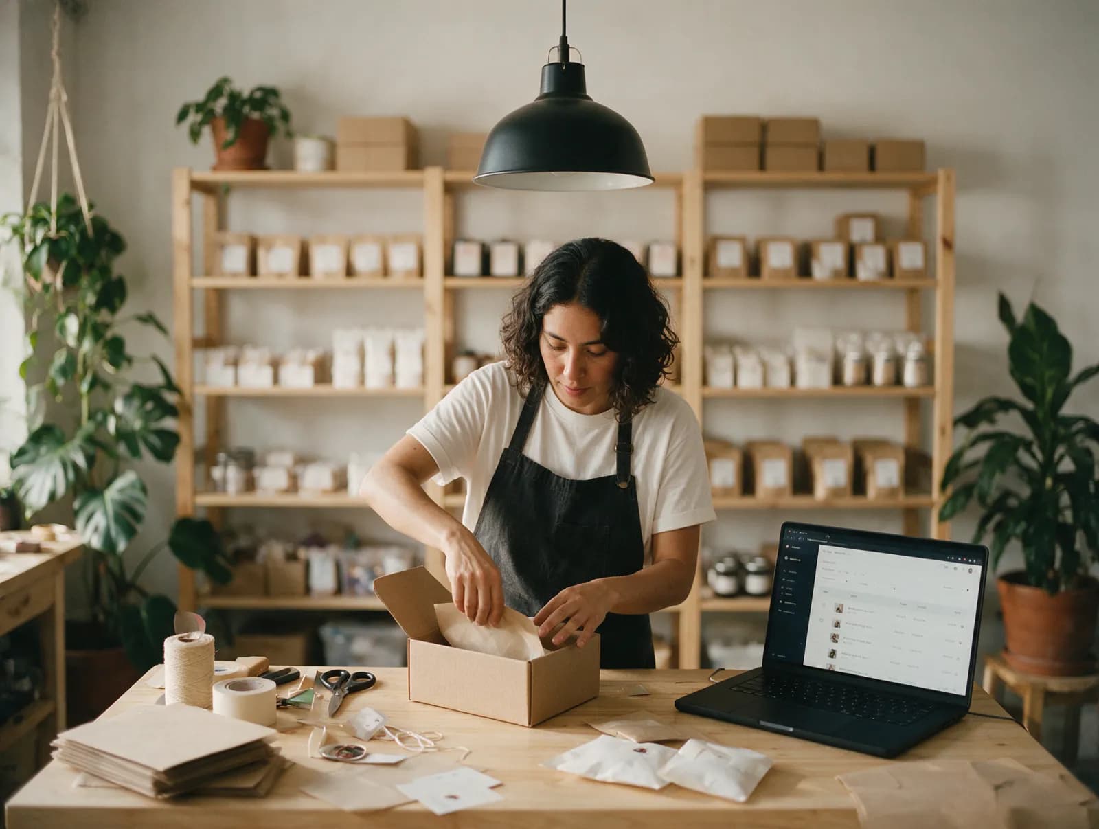 Dueña de una marca empacando un pedido en línea junto a su laptop