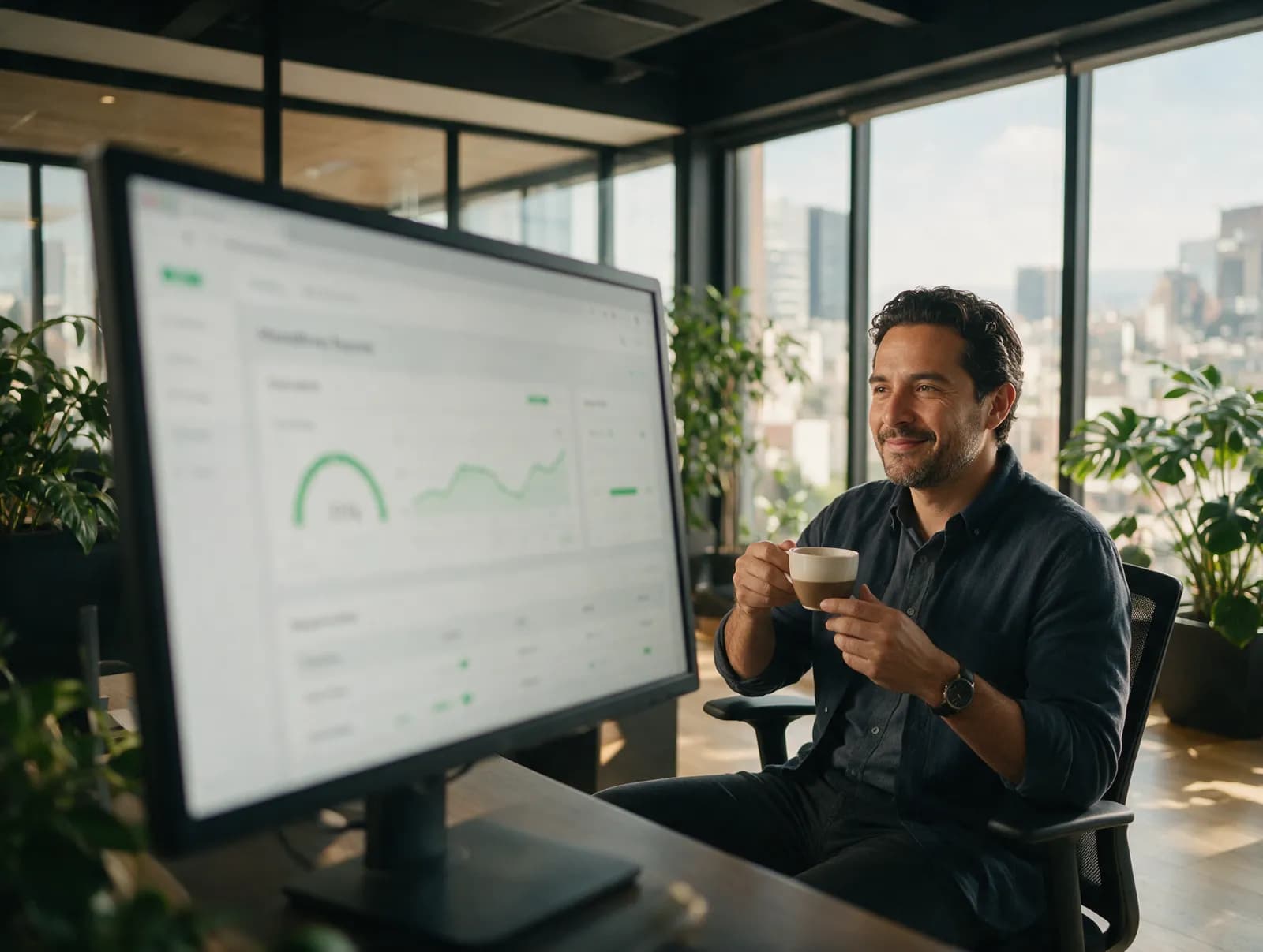 Reviewing a website's monthly report on a monitor