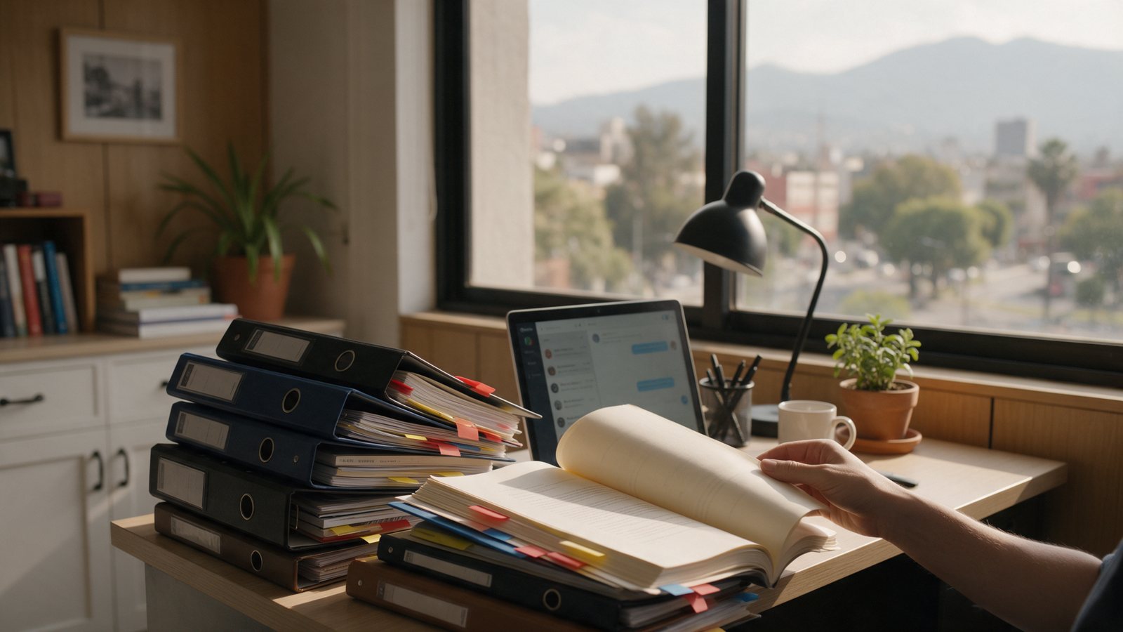 Carpetas y manuales de una empresa junto a una laptop con un chat abierto