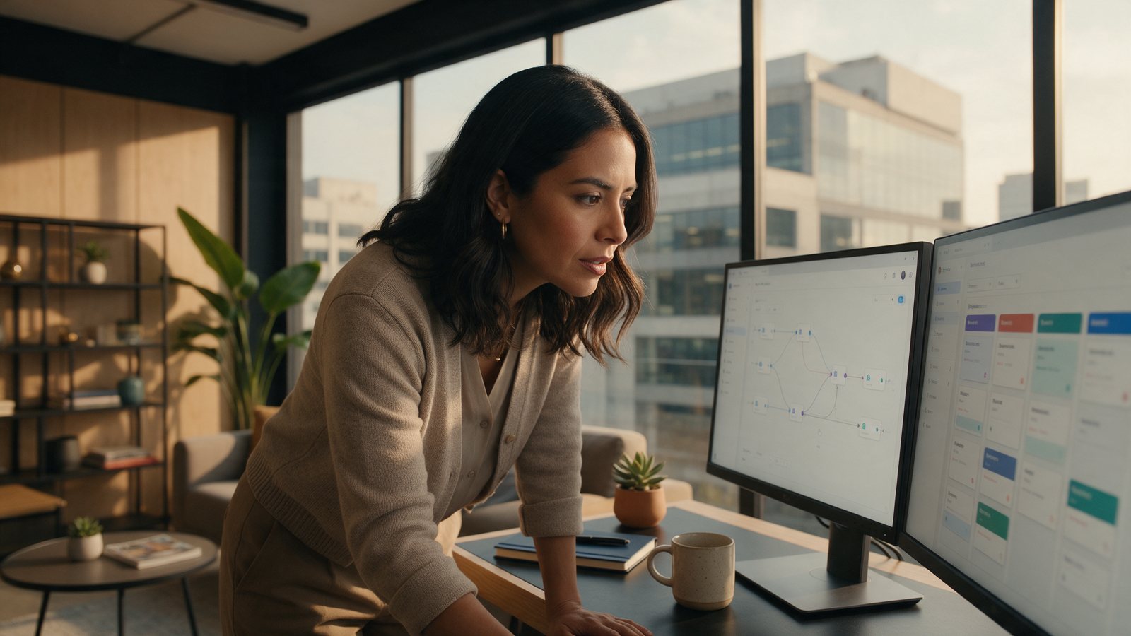 A sales manager at two monitors showing an automation workflow and a sales pipeline