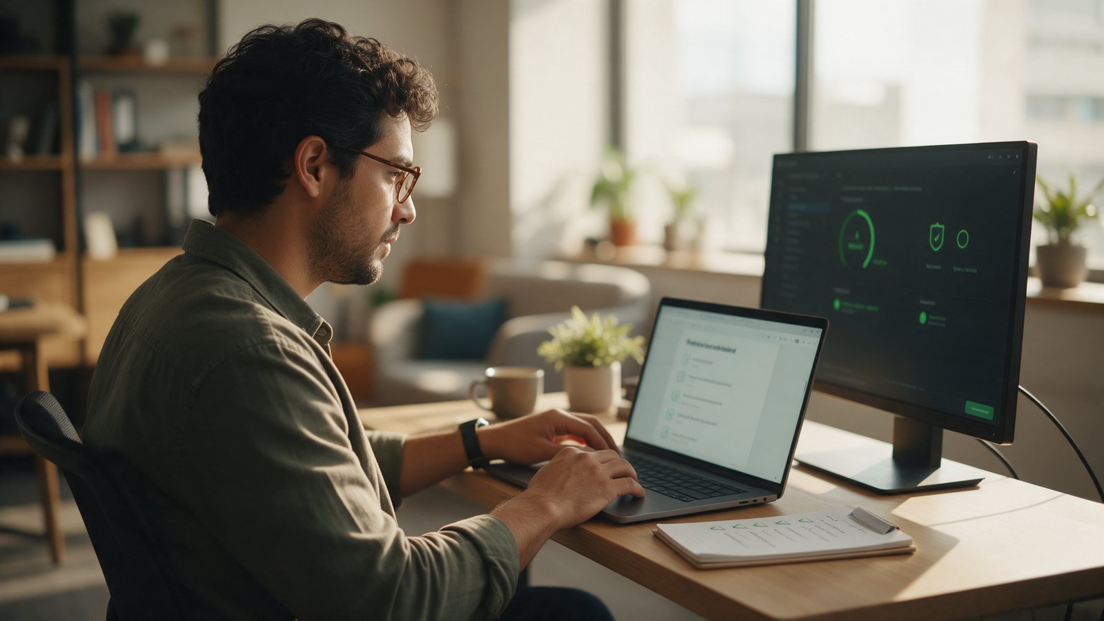 A developer checking a website's maintenance status on a laptop and a monitor