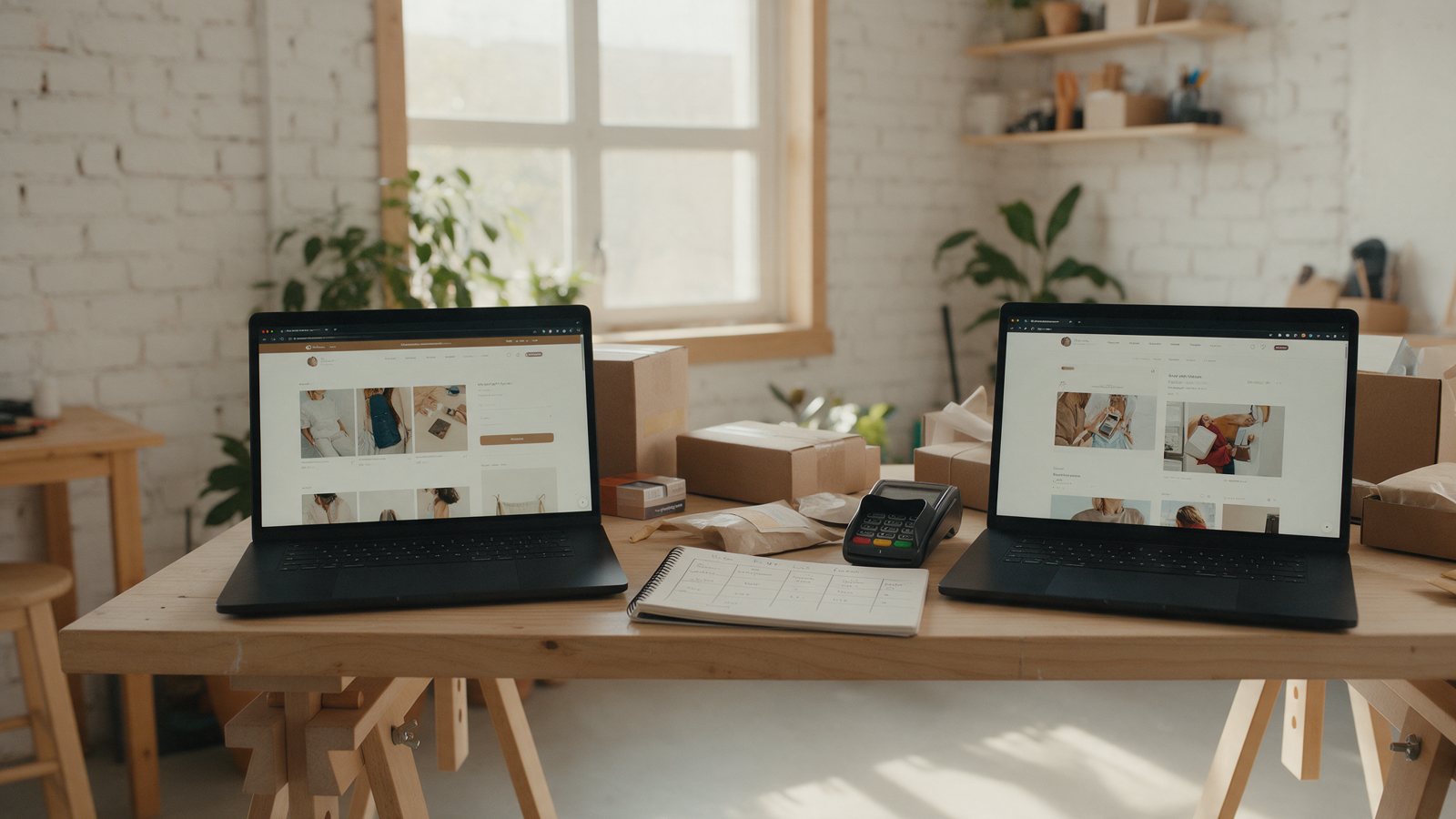 Dos laptops con tiendas en línea entre cajas de envío y una terminal de pago