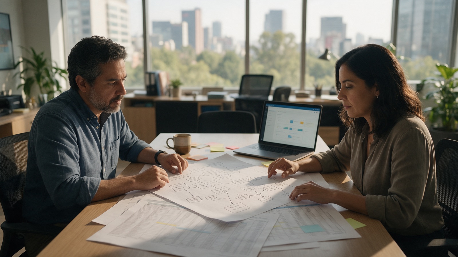 Un director de operaciones y una consultora revisan un mapa de procesos impreso y hojas de cálculo en una oficina